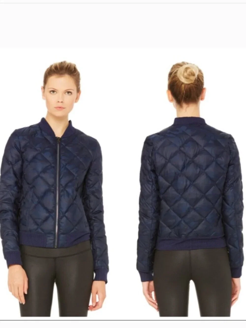 Alo Yoga Idol Quilted Bomber Jacket Down Puffer Navy Blue Camo Size XS